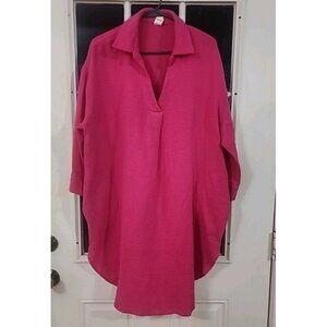 Ivy Jane Anthropologie Women Deep V Neck Collared Hot Pink Shirt Dress Cotton L